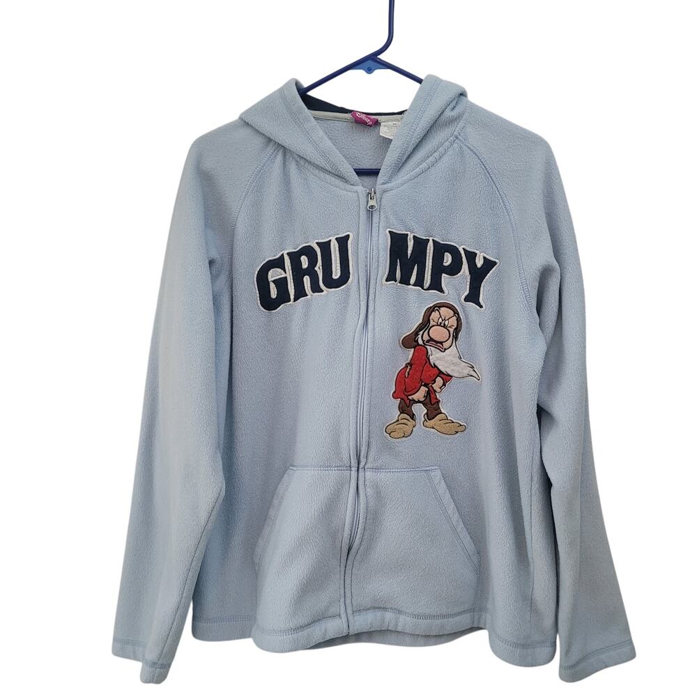 Disney Size Youth L Blue Fleece Zip Up Hoodie Grumpy Seven Dwarfs‎ Embroidered
